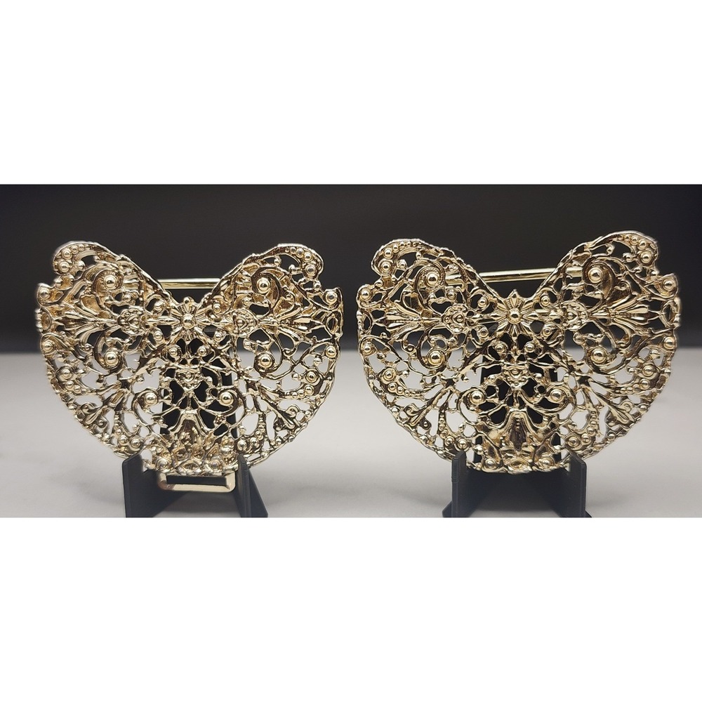 Vintage Gold Tone Filigree Butterfly Interlocking Belt Buckle Set Ornate Floral